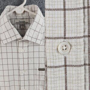 Faconnable Button Up Long Sleeve Shirt Cotton Men Large Beige Brown Check Woven
